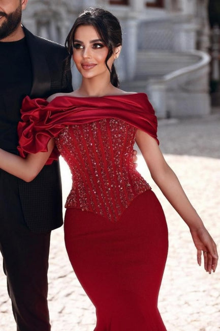 Gorgeous Long Red Mermaid Off-the-shoulder Sequined Beaded Prom Dress with Lace