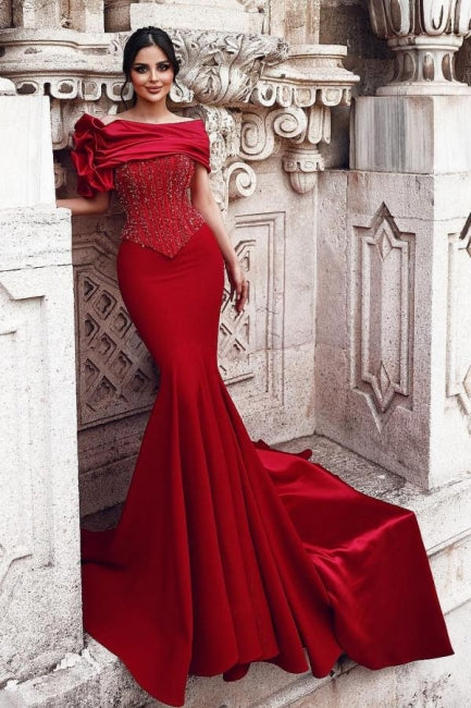 Gorgeous Long Red Mermaid Off-the-shoulder Sequined Beaded Prom Dress with Lace