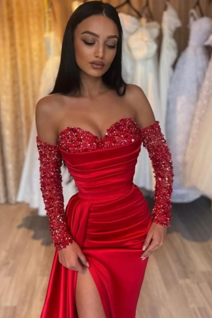 Exquisite Long Ruby Mermaid Sweetheart Sequined Beaded Gown with Flowing Sleeves and Slit