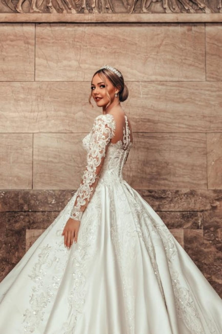 Gorgeous Princess A-line Satin Lace Wedding Dress with Long Sleeves