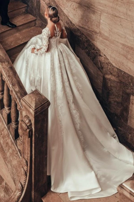 Gorgeous Princess A-line Satin Lace Wedding Dress with Long Sleeves