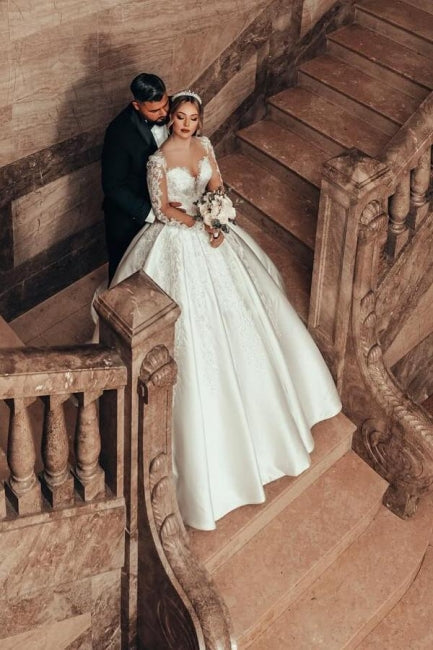 Gorgeous Princess A-line Satin Lace Wedding Dress with Long Sleeves