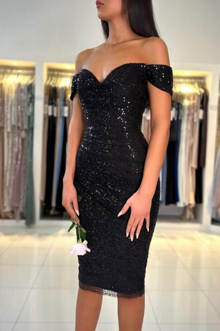 Gorgeous Short Black Off-the-shoulder Glitter Cocktail Dress