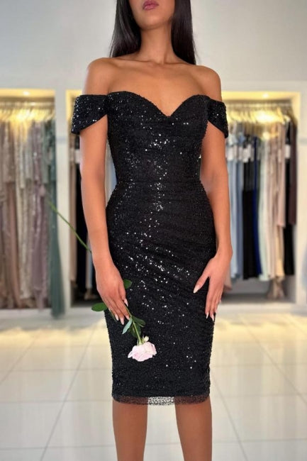 Gorgeous Short Black Off-the-shoulder Glitter Cocktail Dress