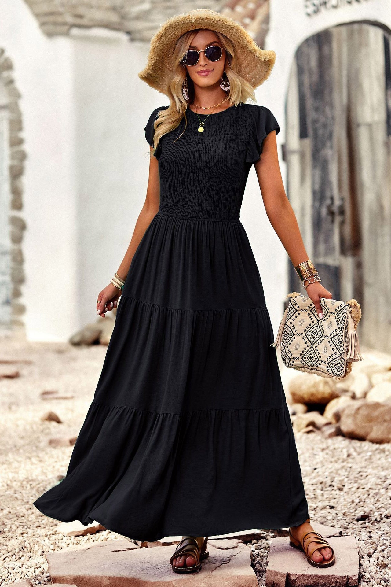 Green A-Line Cap Sleeves Maxi Dress