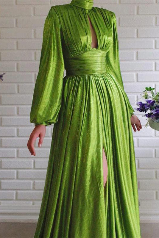 Green Long Sleeve A-Line Prom Gown Evening Dress