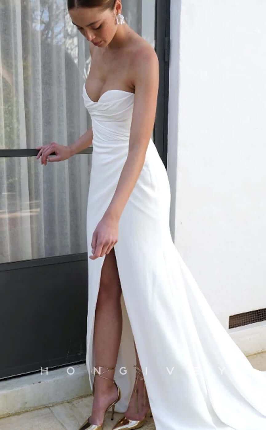 H0806- Strapless Off Shoulder Ruched High Slit With Train Wedding Dress