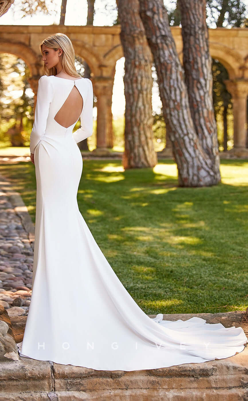 H0809 - Sheer Deep V-Neck Backless Mermaid Long Sleeve With Train Wedding Dress