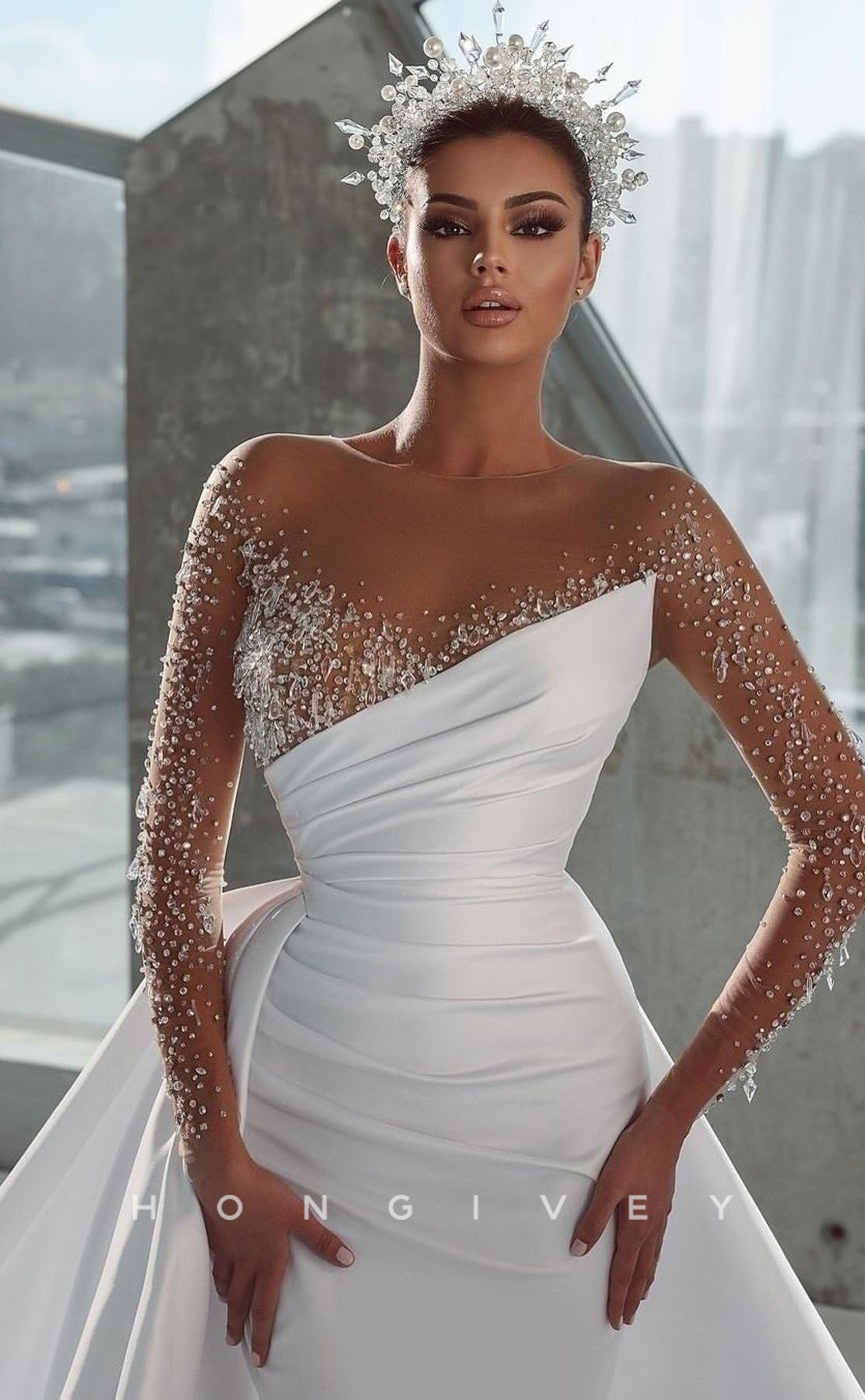 H0816 - Illusion Cutout Rhinestone Beaded Sparkly With Train Wedding Dress