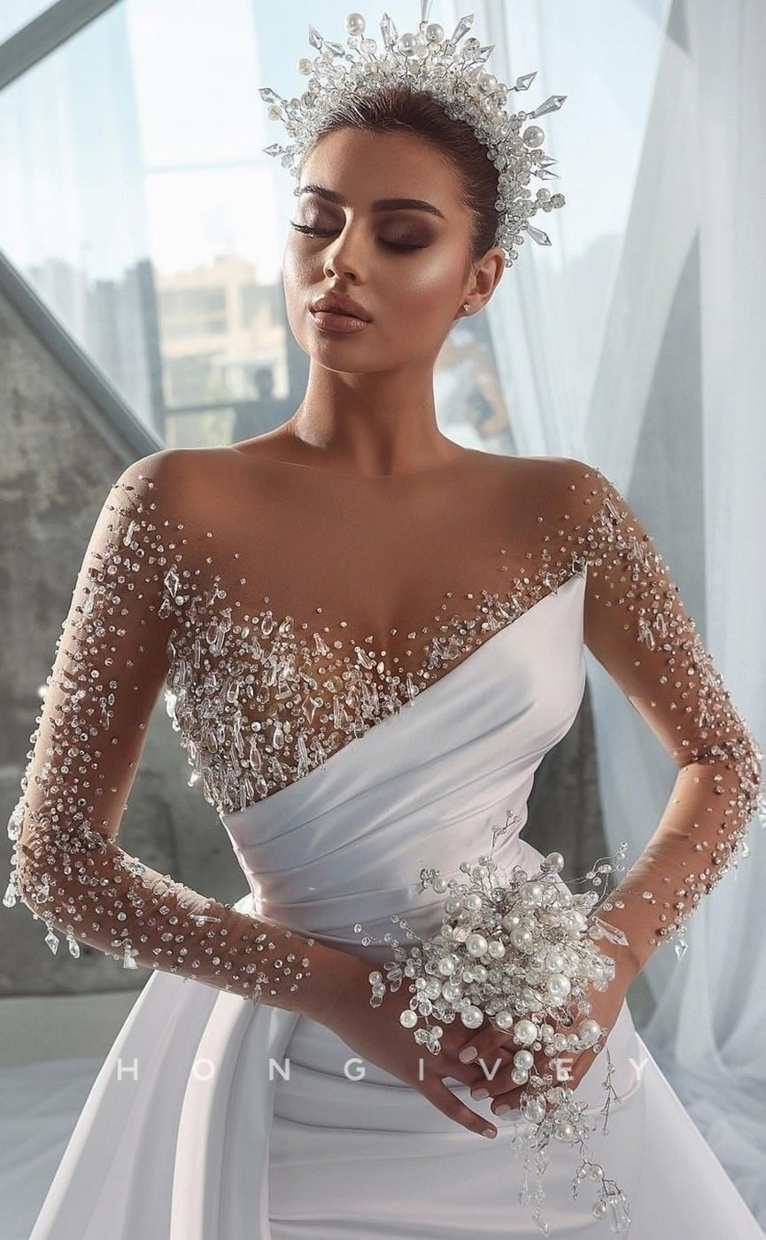 H0816 - Illusion Cutout Rhinestone Beaded Sparkly With Train Wedding Dress