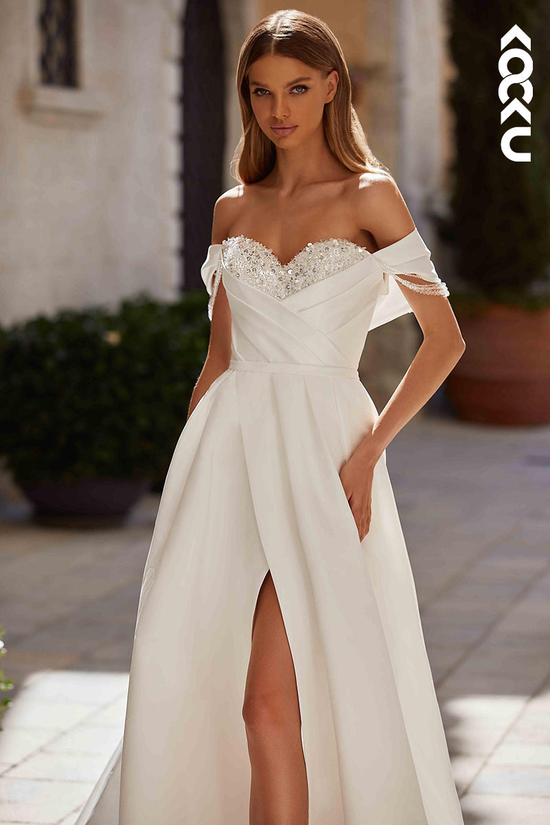 K1892 - Elegant & Luxurious Off-Shoulder Cap Sleeves Side Slit A-line Wedding Dress