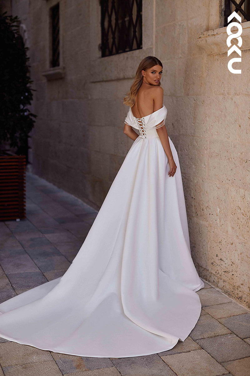 K1892 - Elegant & Luxurious Off-Shoulder Cap Sleeves Side Slit A-line Wedding Dress