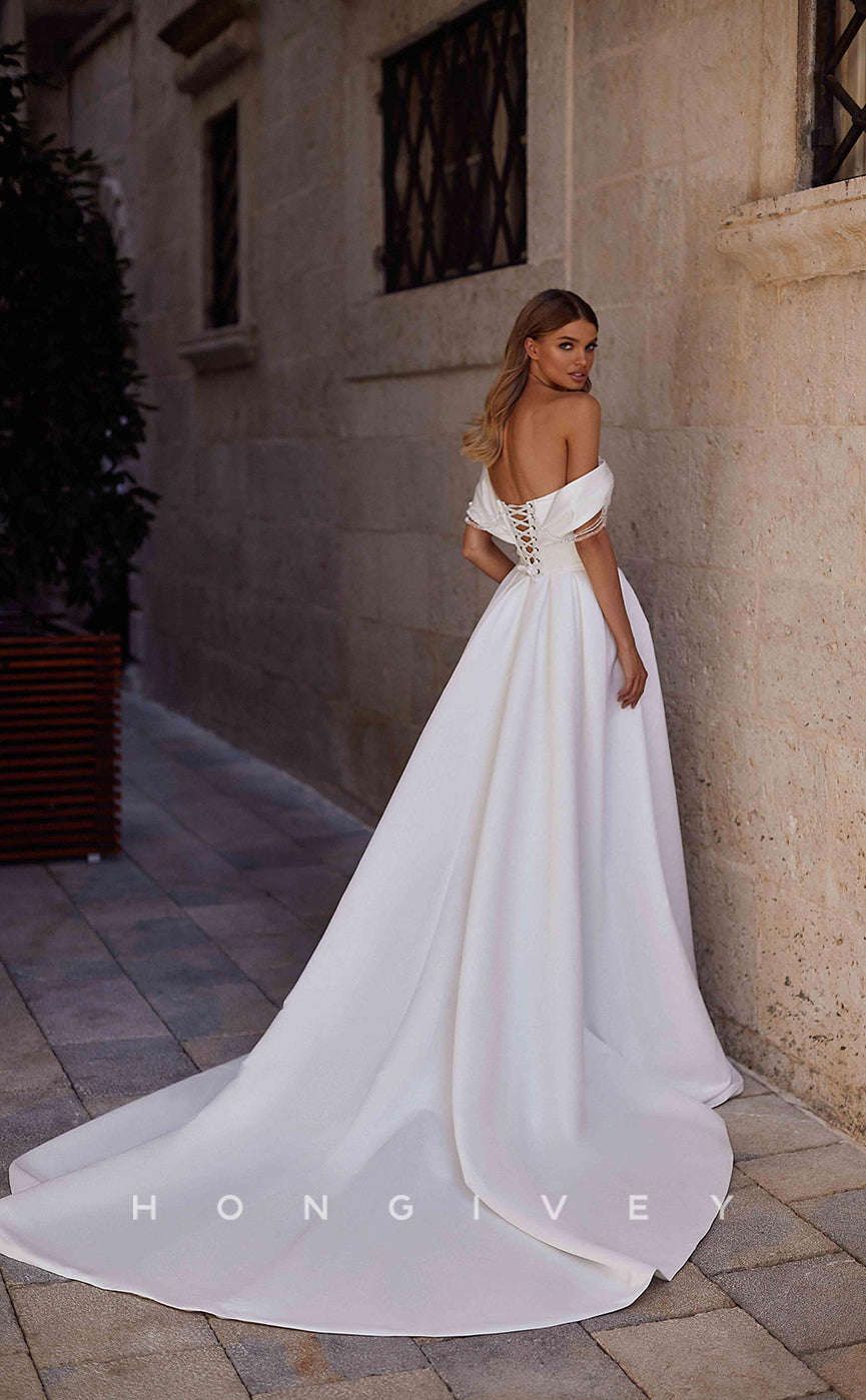 H0848 - Couture Beaded Sequined Lace-Up Back With High Slit And Train Romantic Wedding Dress