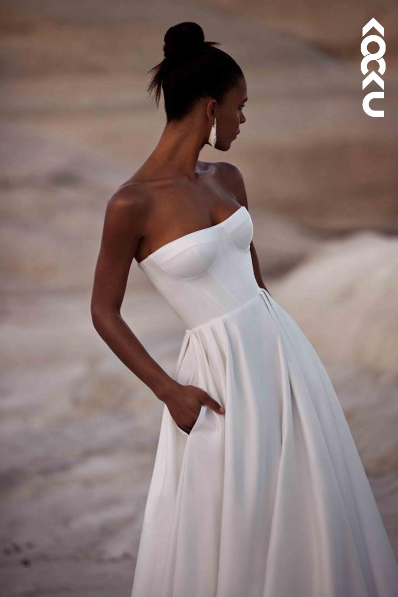 K1894 - Simple & Elegant Off-Shoulder Sleeveless A-Line Wedding Dress