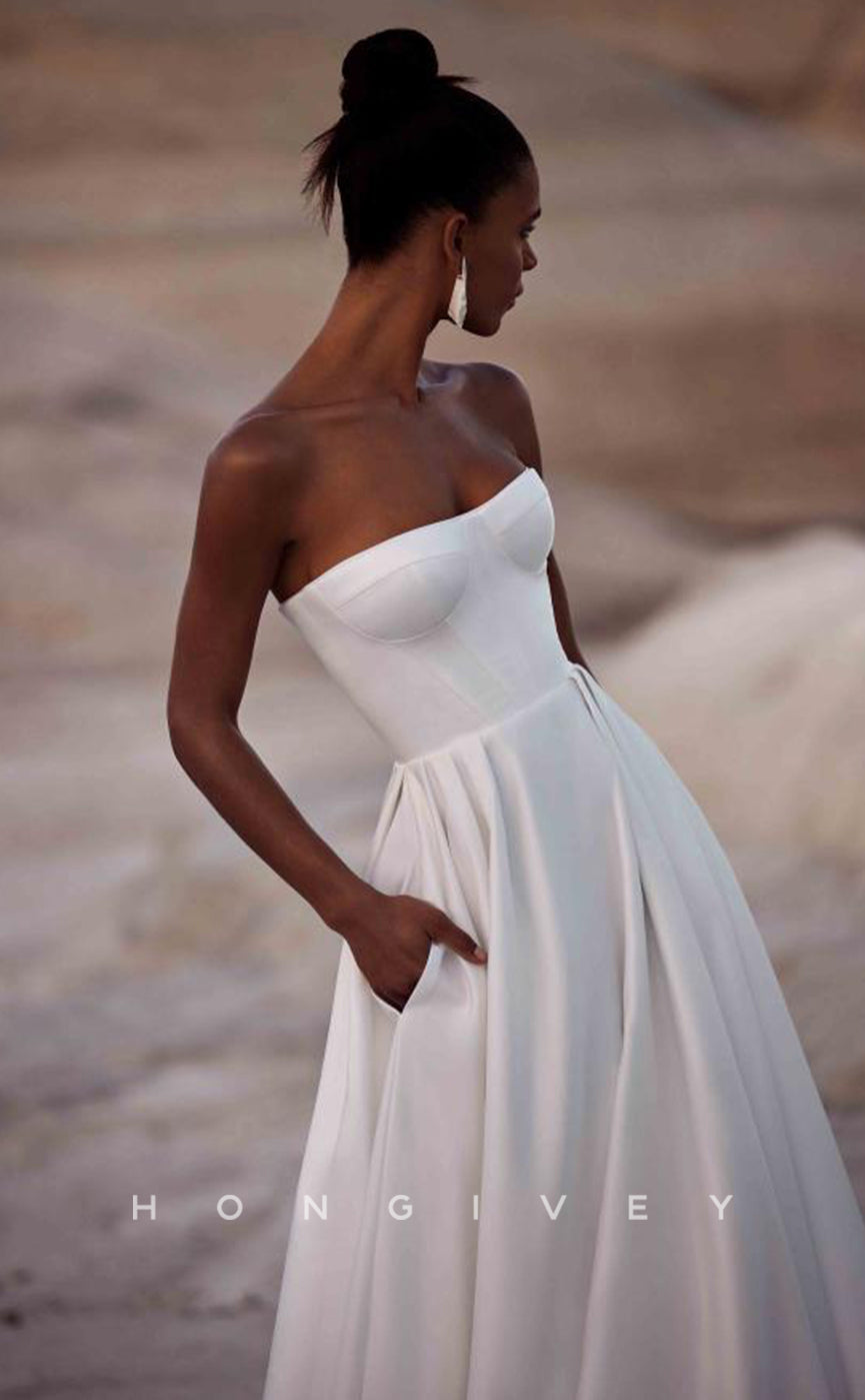 H0850 - Simple Strapless Lace-Up Back With Train Beach Wedding Dress