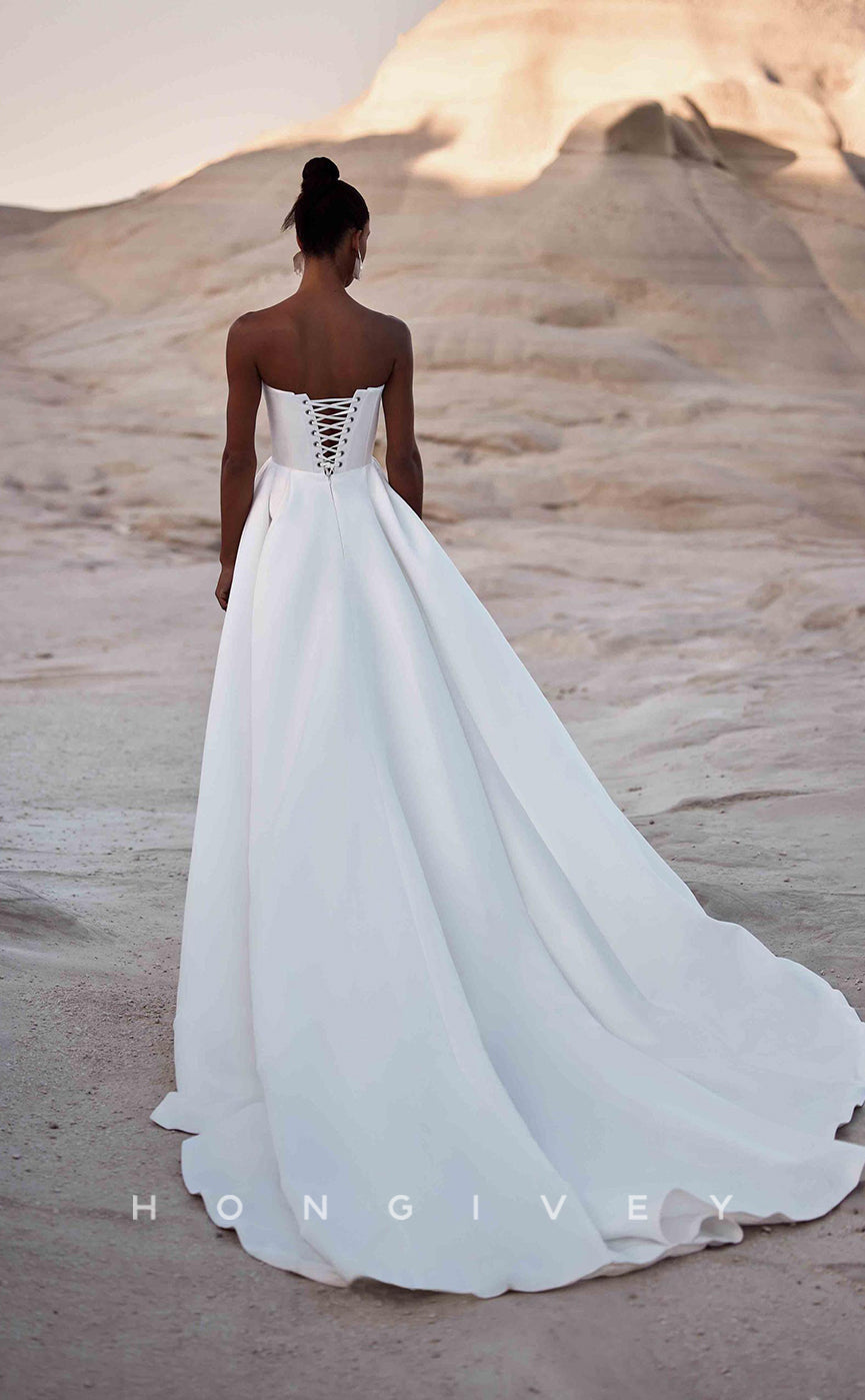 H0850 - Simple Strapless Lace-Up Back With Train Beach Wedding Dress