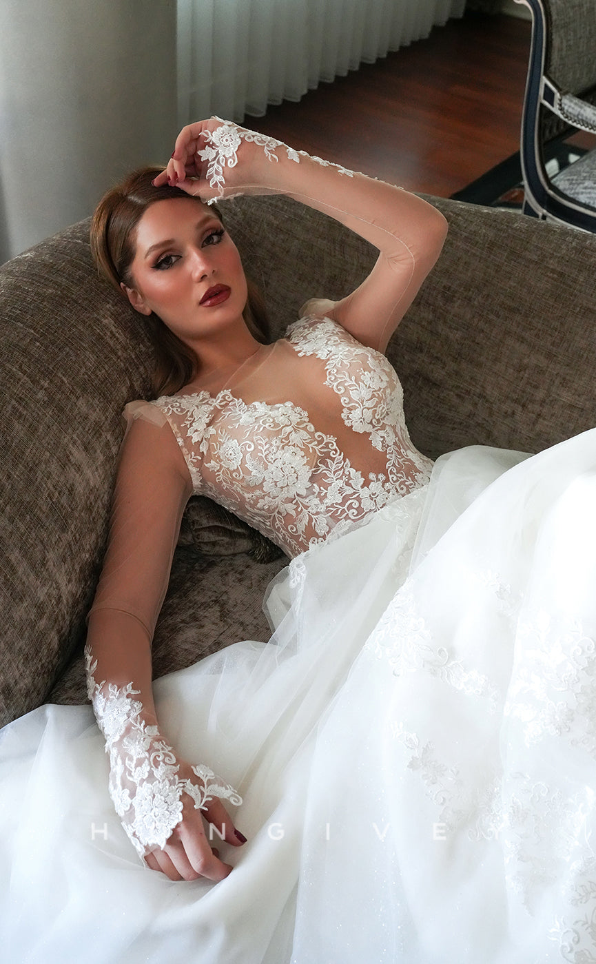 H0851 - Ornate Floral Appliqued Lace Embroidered Illusion Sheer With Train Romantic Wedding Dress