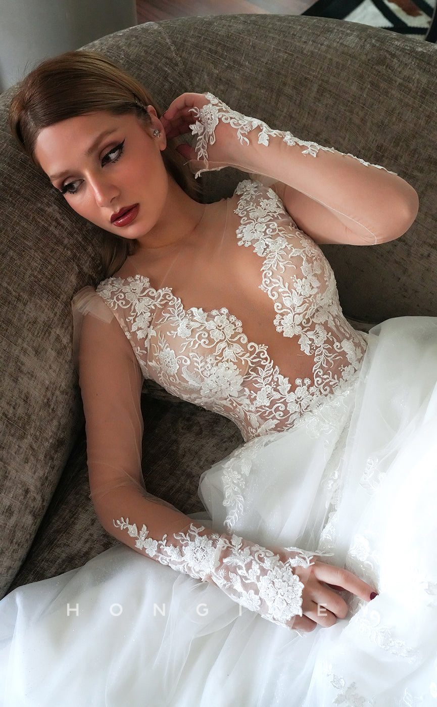 H0851 - Ornate Floral Appliqued Lace Embroidered Illusion Sheer With Train Romantic Wedding Dress