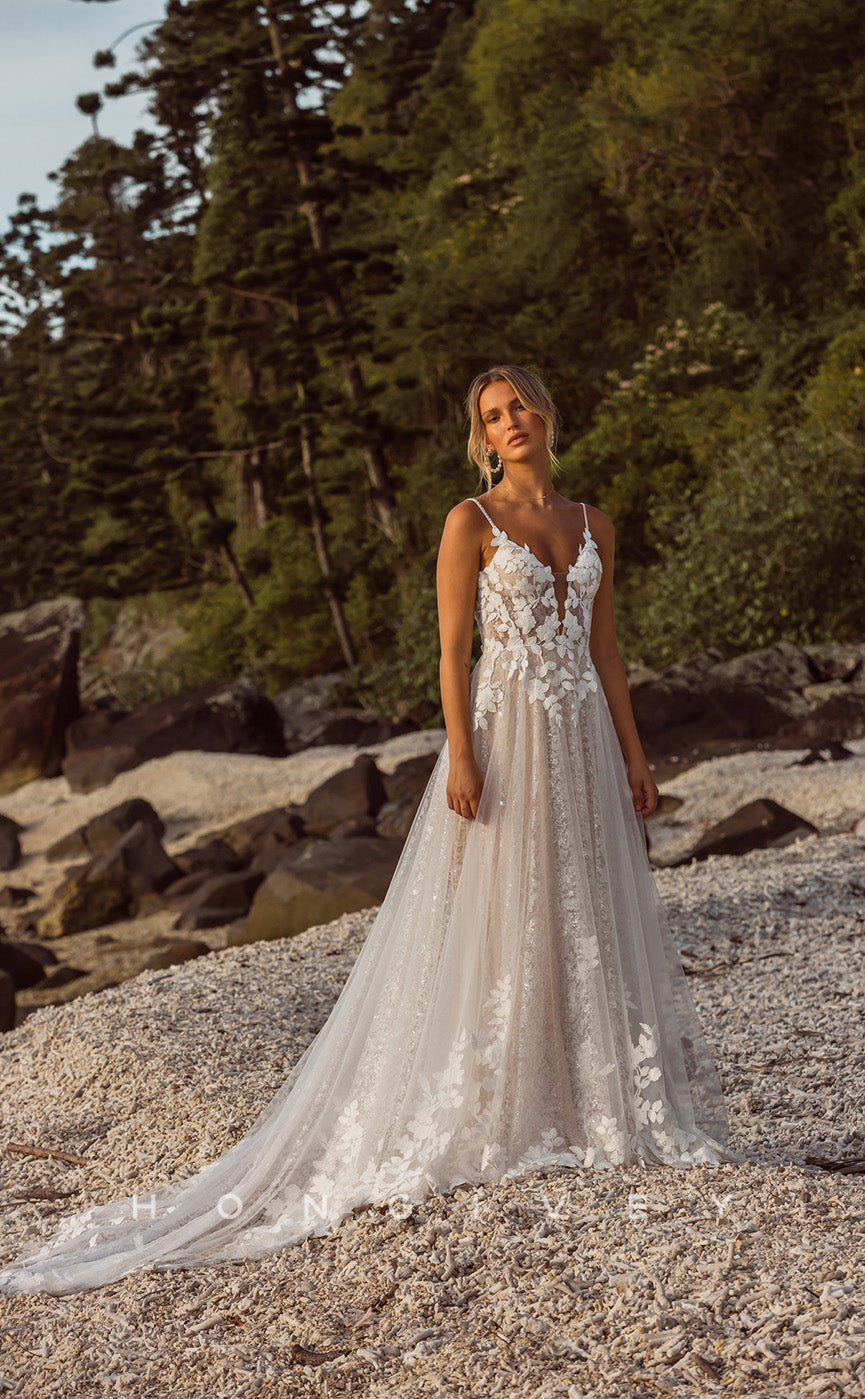 H0854 -  Fully Floral Foliage Motif Lace Illusion Plunging Illusion With Train Beach Wedding Dress