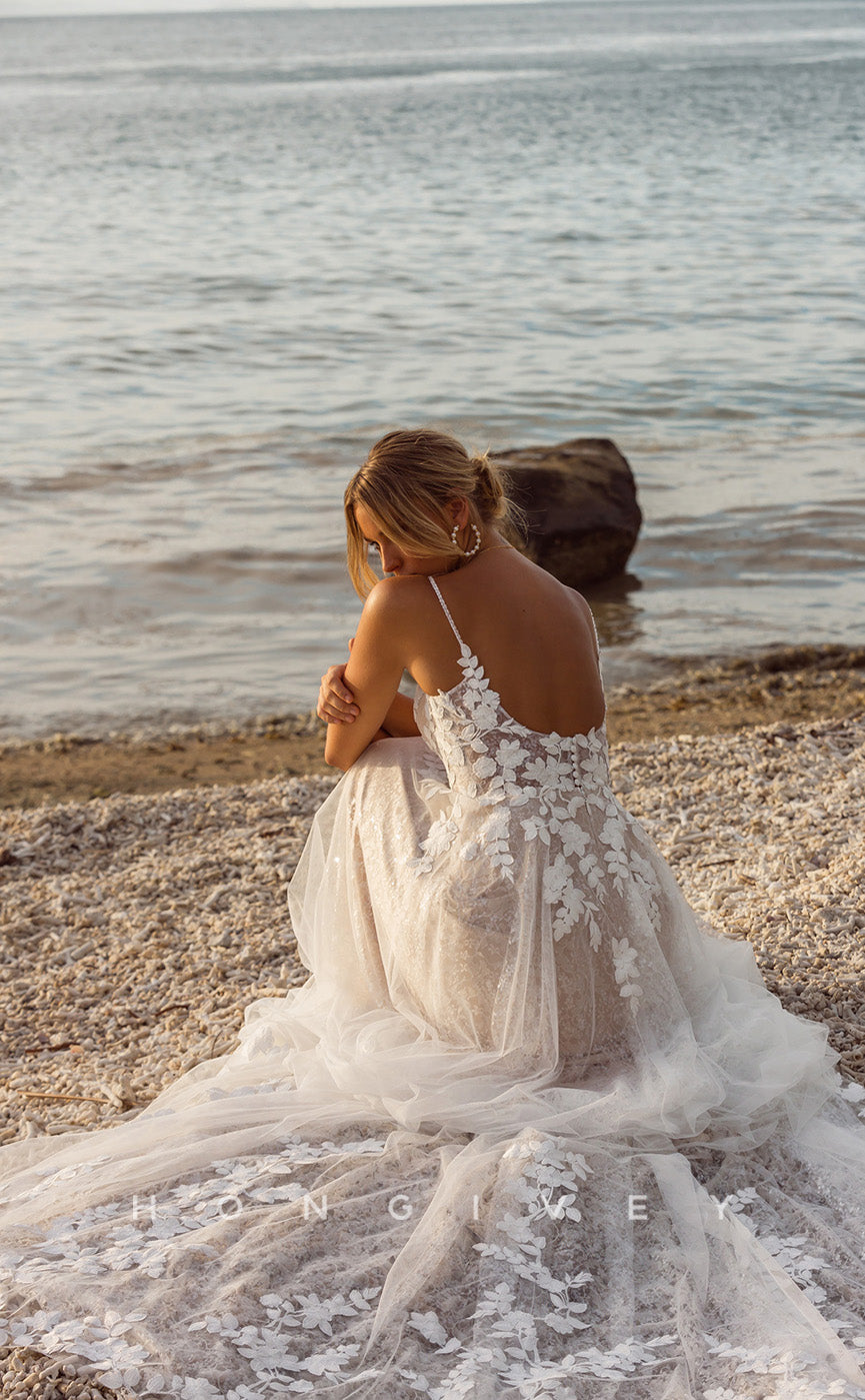 H0854 -  Fully Floral Foliage Motif Lace Illusion Plunging Illusion With Train Beach Wedding Dress