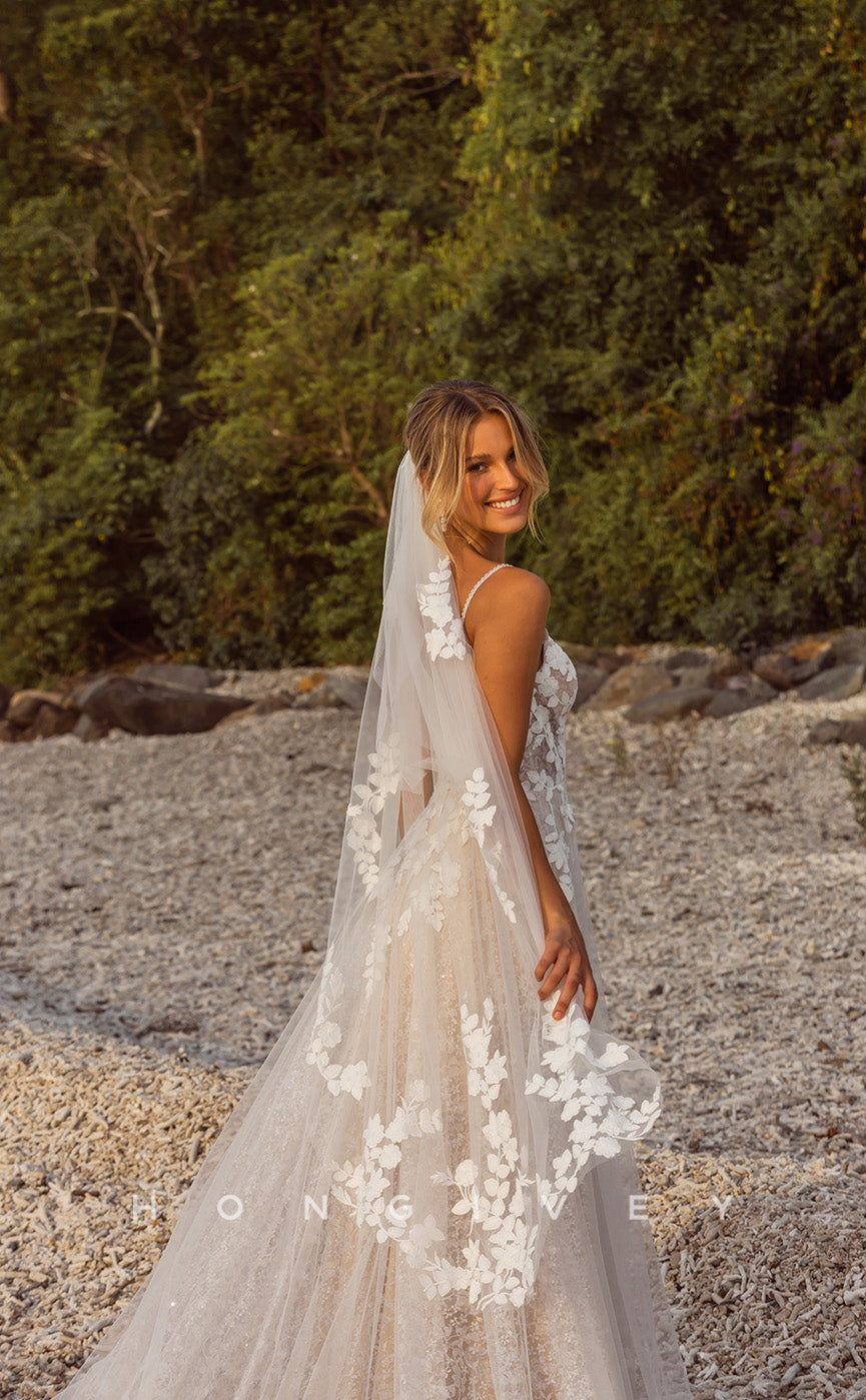 H0854 -  Fully Floral Foliage Motif Lace Illusion Plunging Illusion With Train Beach Wedding Dress