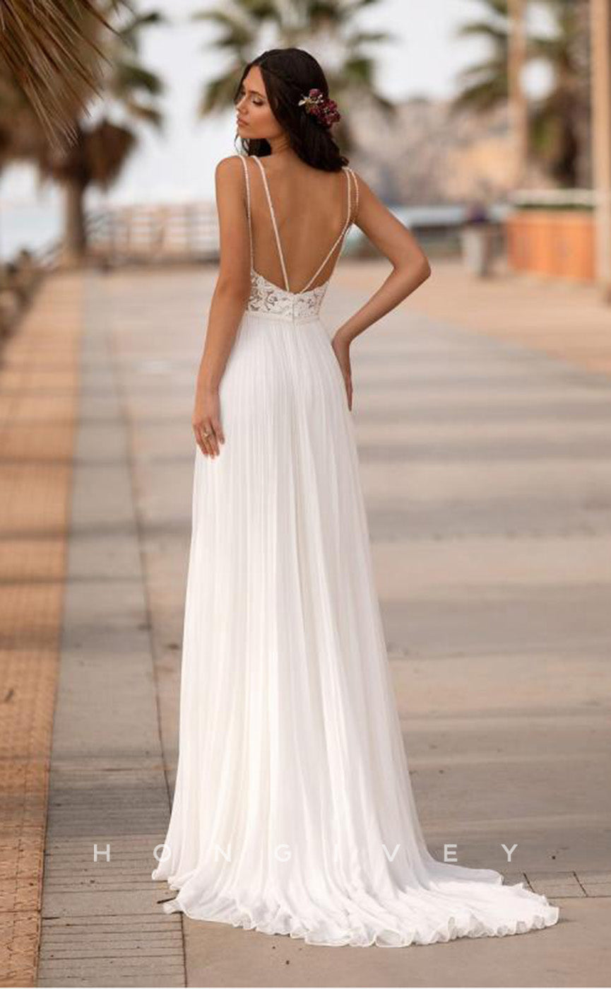 H0858 - Sheer Floral Lace Embroidered Plunging Illusion Lace-Up Back Crisscross With Slit  And Train Wedding Dress