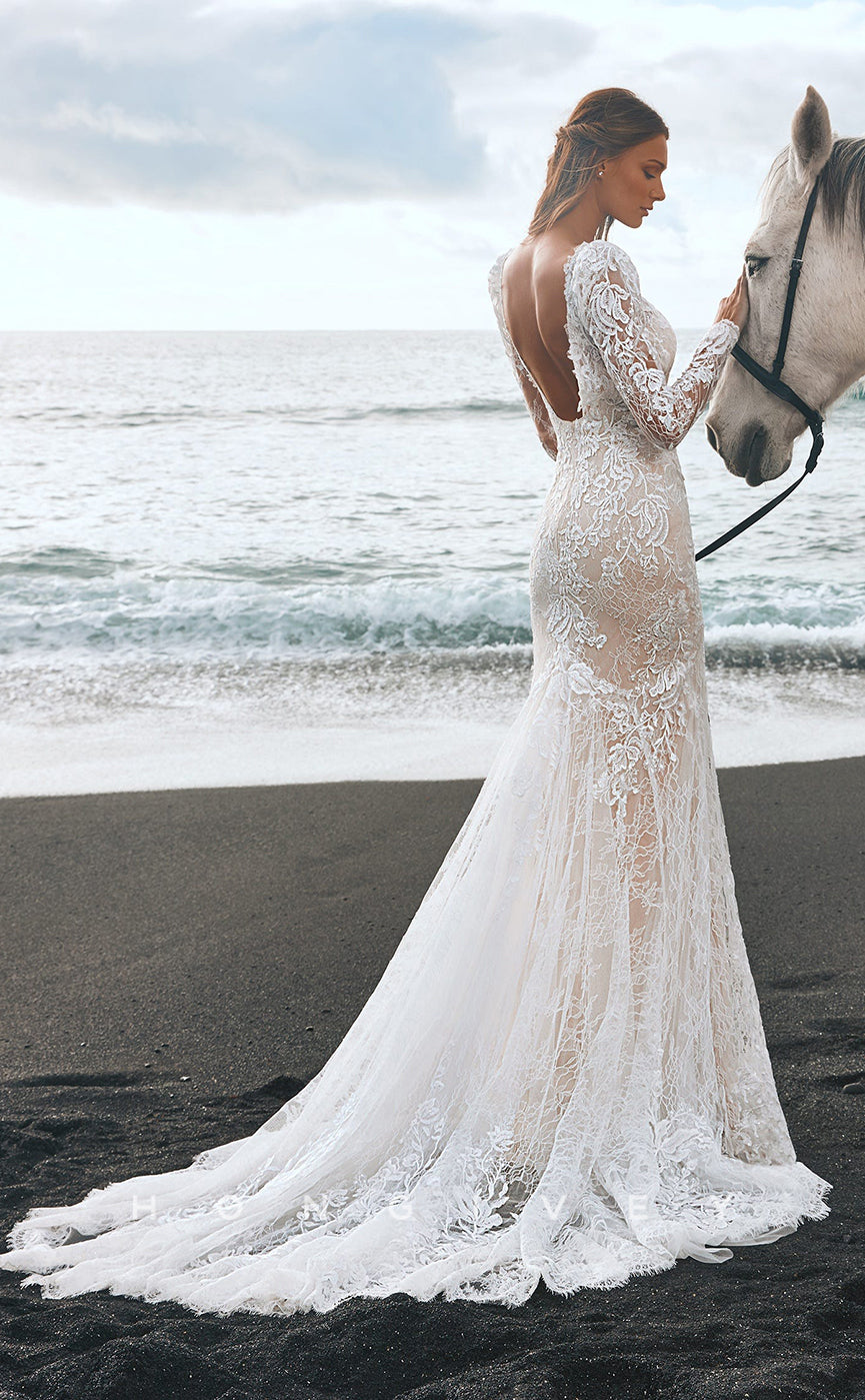 H0861 - Illusion Fully Lace Embroidered Long Sleeve Open Back With Train Wedding Dress