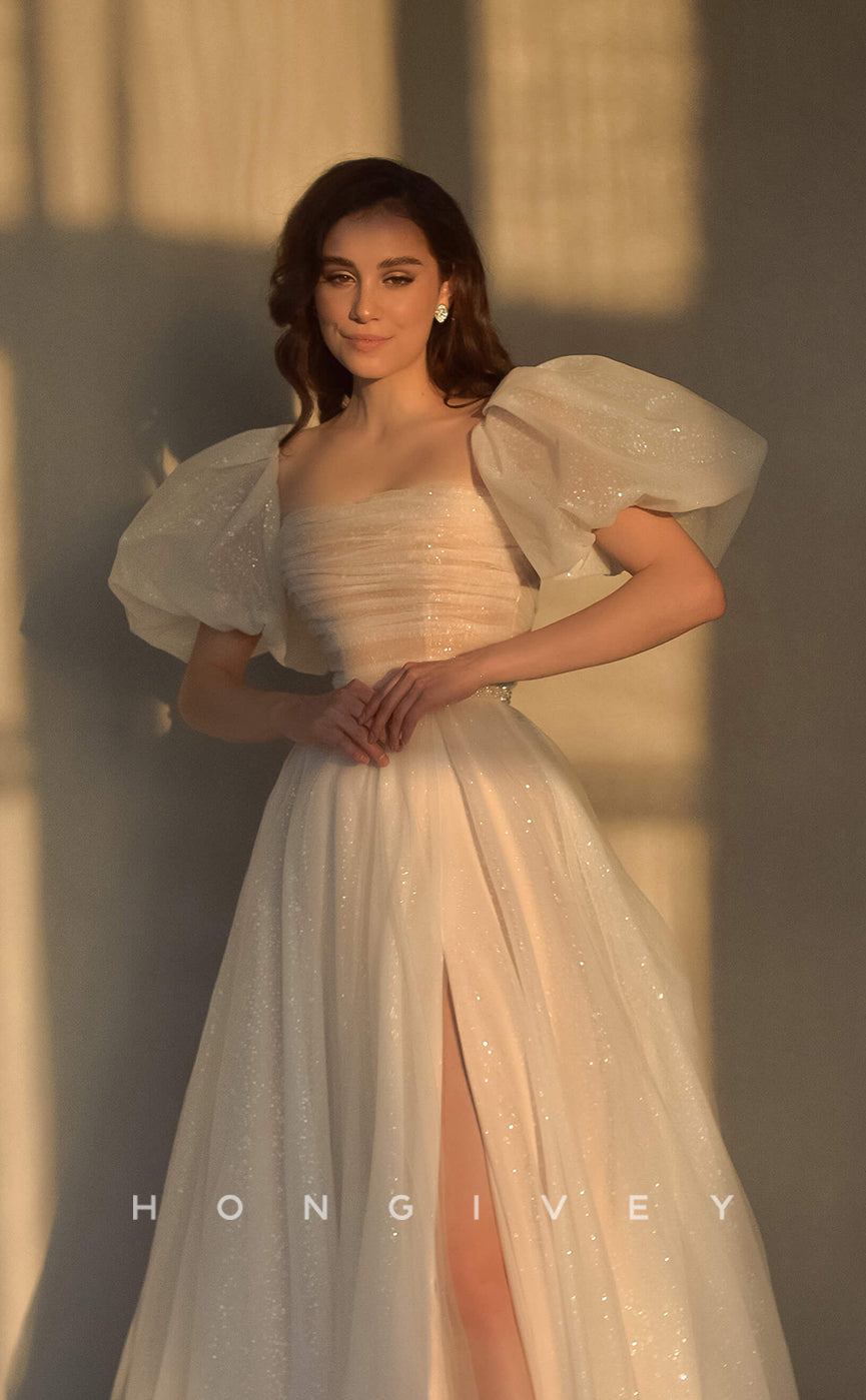 H0862 - Sparkly Illusion Puff Sleeve Pearl Embellished With Train And Slit Princess Wedding Dress