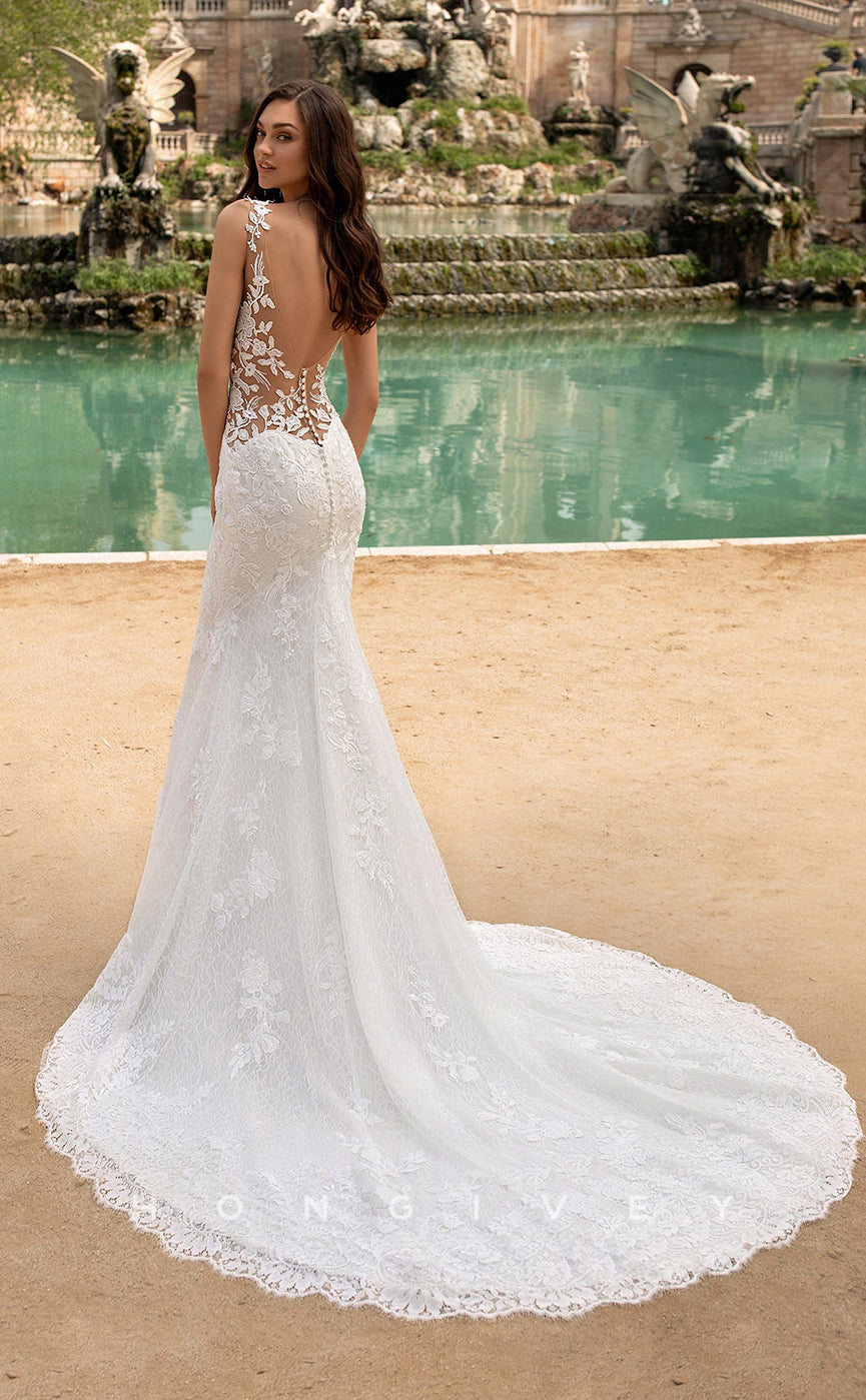 H0863 - Illusion Fully Floral Lace Cutout Open Back Mermaid With Train Wedding Dress