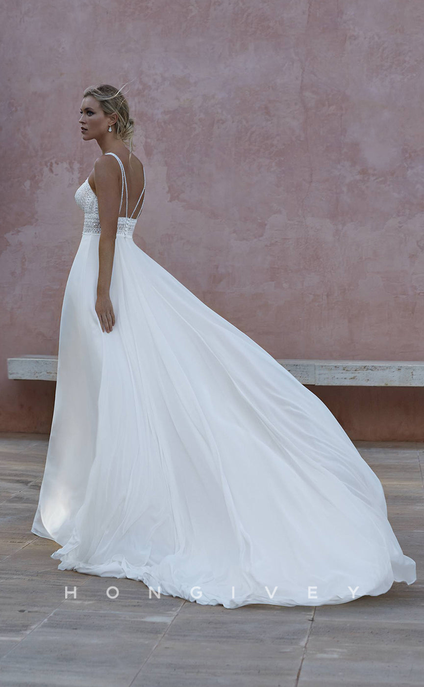 H0866 - Sheer Cutout V-Neck Open Back Ruched With Train Wedding Dress