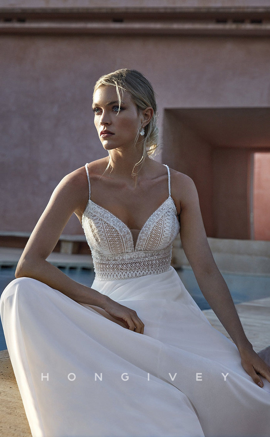 H0866 - Sheer Cutout V-Neck Open Back Ruched With Train Wedding Dress