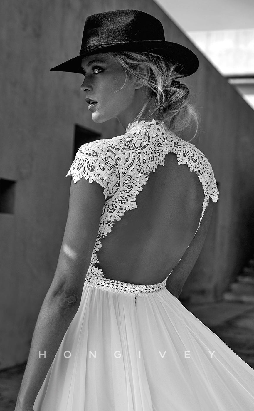 H0867 - Illusion Floral Lace Cutout Halter Open Back Ruched With Train Wedding Dress