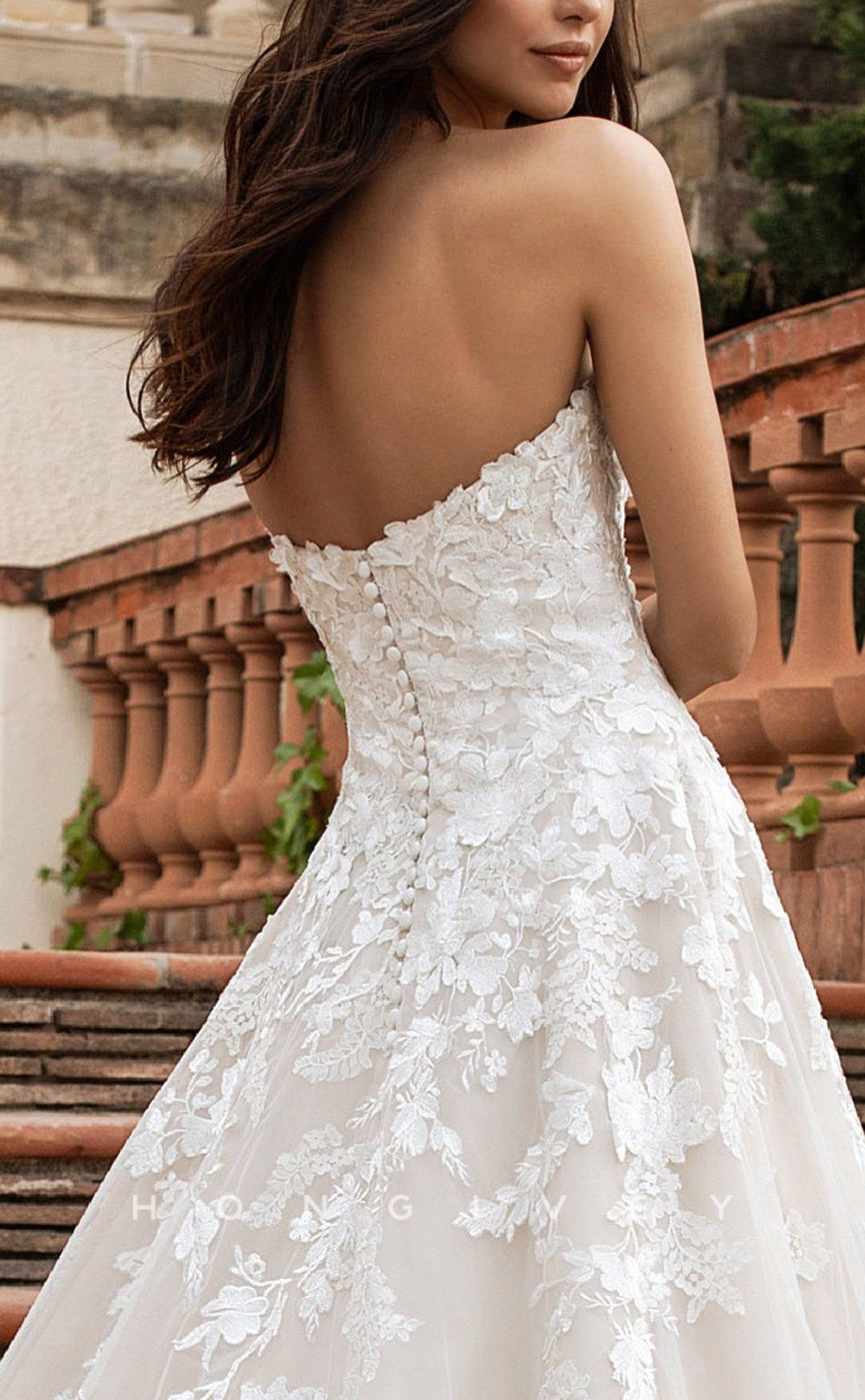 H0868 - Sheer Fully Floral Lace Plunging Illusion Open Back Strapless Ruched With Train And Overlay Wedding Dress