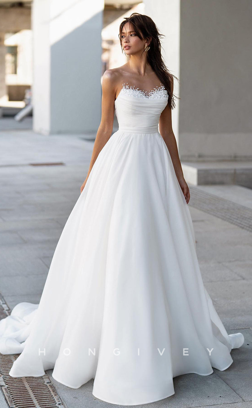 H0876 - Pearl Embellished Strapless Ruched Open Back With Train Wedding Dress