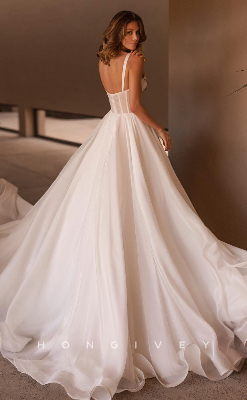 H0877 - Sheer Crystal Beaded Ruched Open Back With Train Wedding Dress