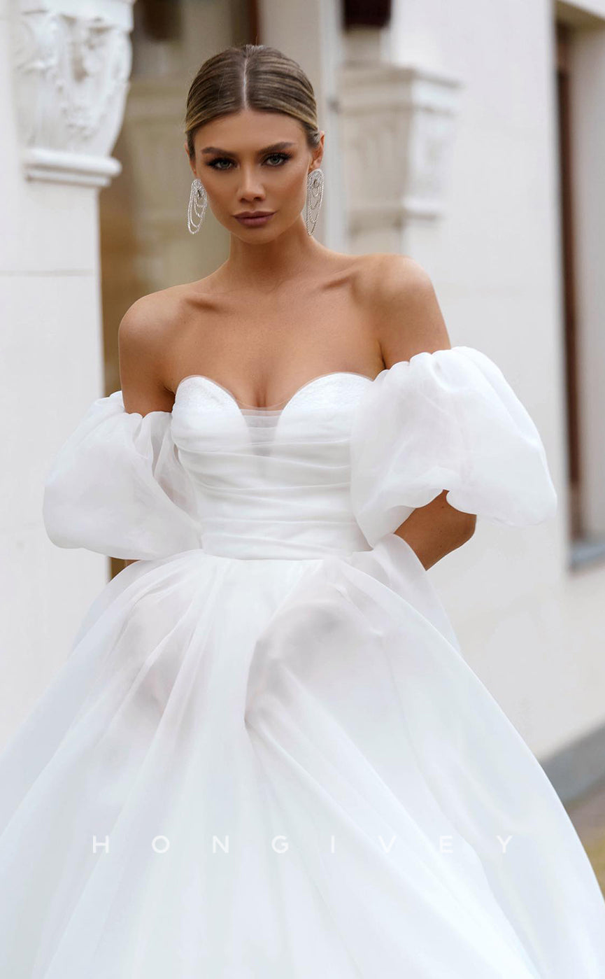 H0878 - Sheer Puff Sleeves Strapless Ruched Open Back With Train Wedding Dress