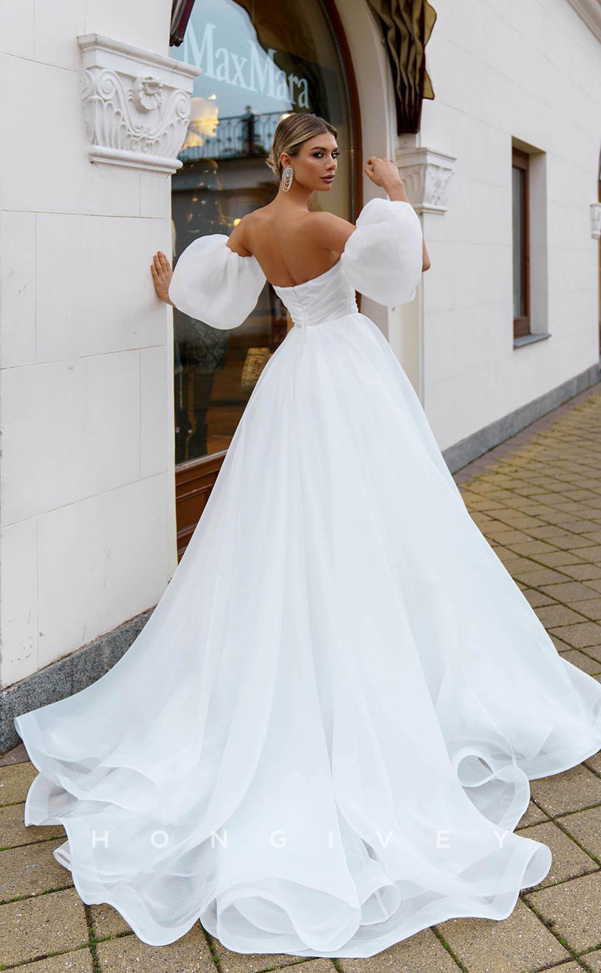 H0878 - Sheer Puff Sleeves Strapless Ruched Open Back With Train Wedding Dress