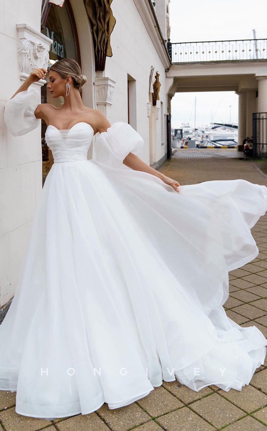 H0878 - Sheer Puff Sleeves Strapless Ruched Open Back With Train Wedding Dress