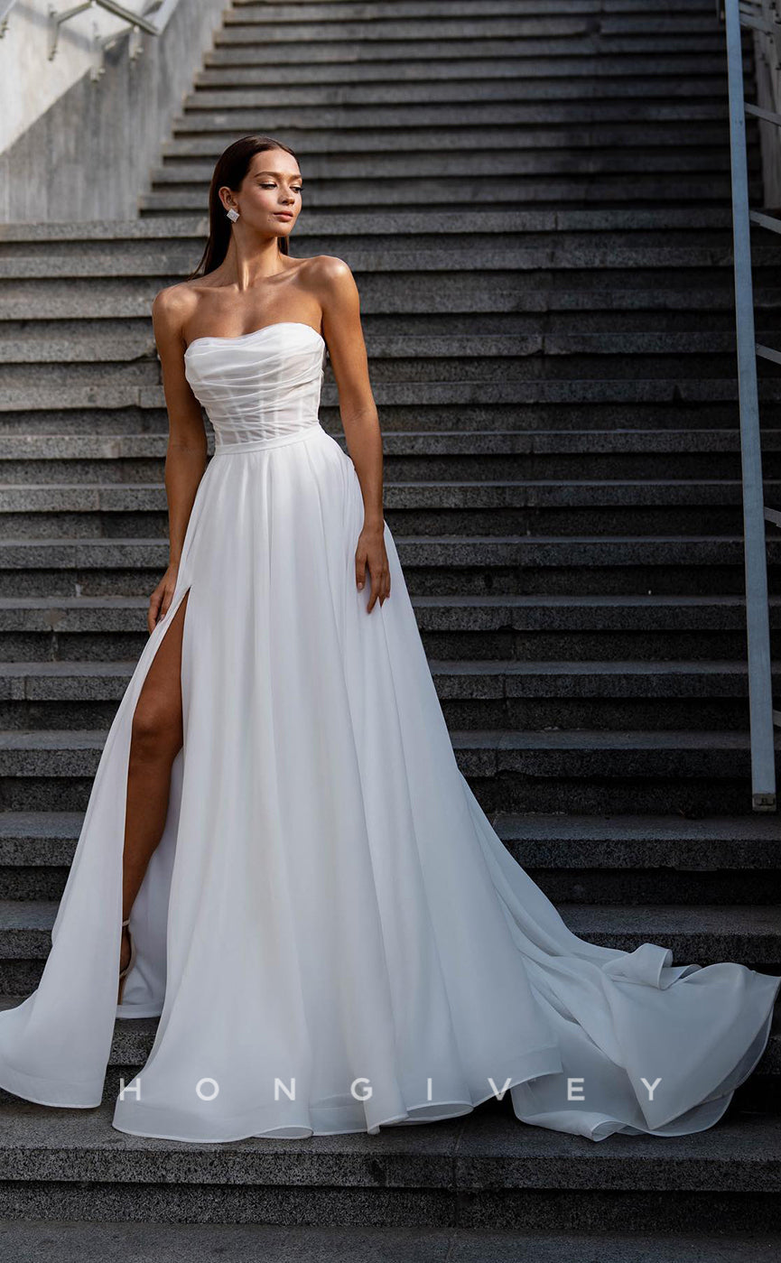 H0886 - Illusion Strapless Lace-Up Back Bow Detail With Train And Slit Wedding Dress