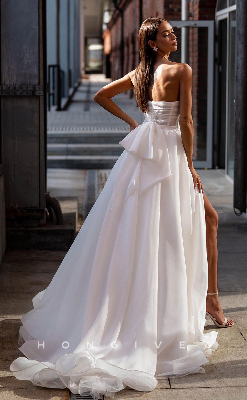 H0886 - Illusion Strapless Lace-Up Back Bow Detail With Train And Slit Wedding Dress