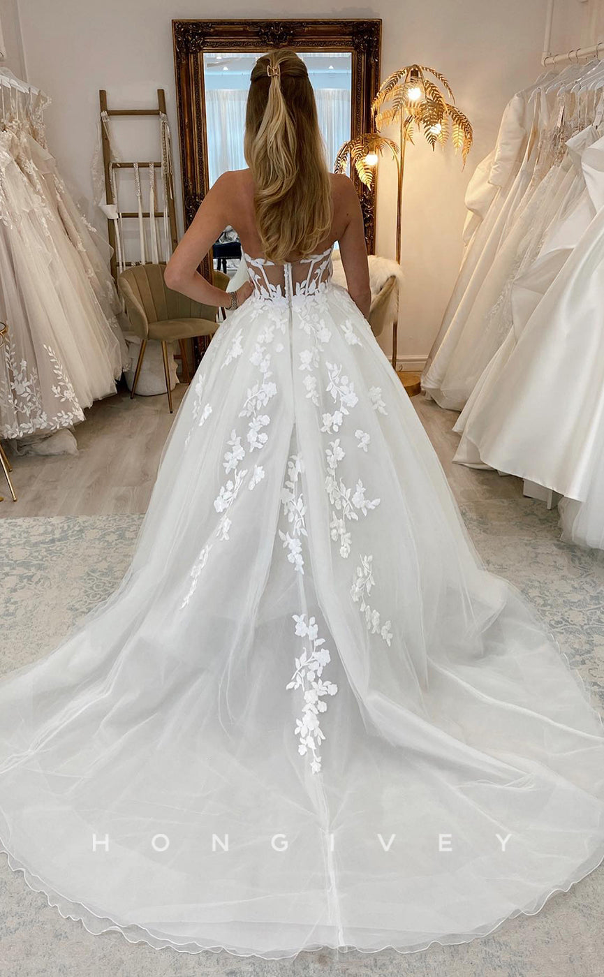 H0891 - Sheer Fully Floral Embroidered Strapless With Train And Slit Wedding Dress