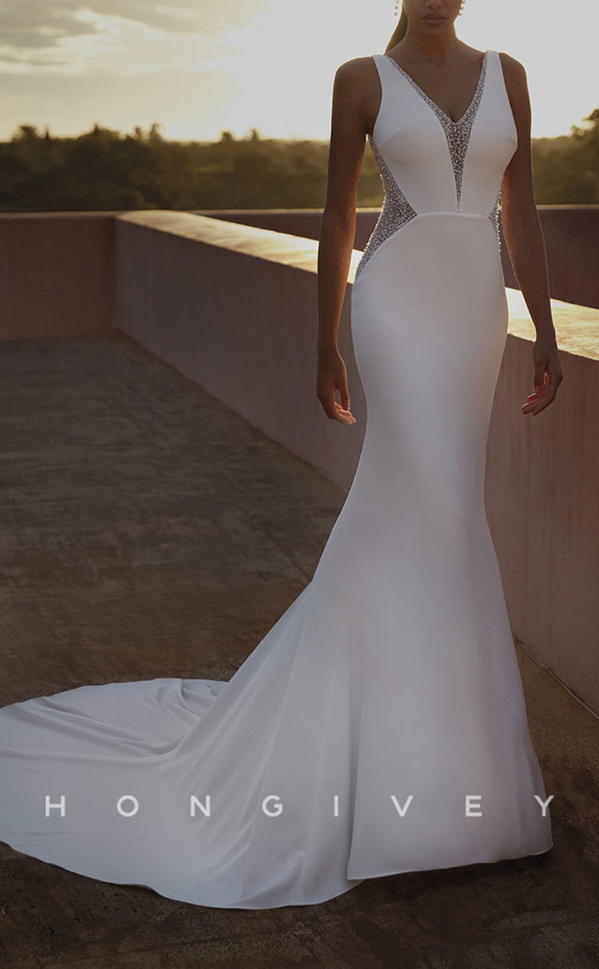 H0901 - Sheer Crystal Beaded Plunging Illusion With Train And Overlay Long Wedding Dress