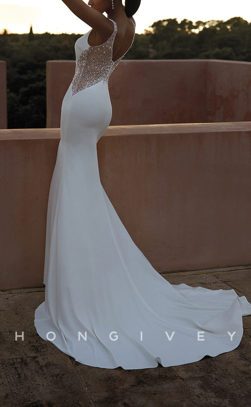 H0901 - Sheer Crystal Beaded Plunging Illusion With Train And Overlay Long Wedding Dress