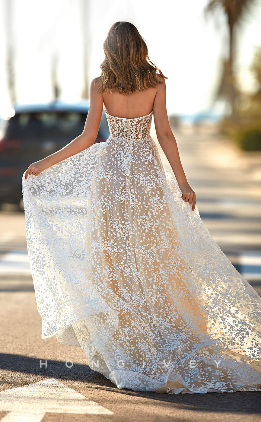 H0907 - Fully Lace Applique Strapless Tiered Plunging Illusion With Train Long Wedding Dress