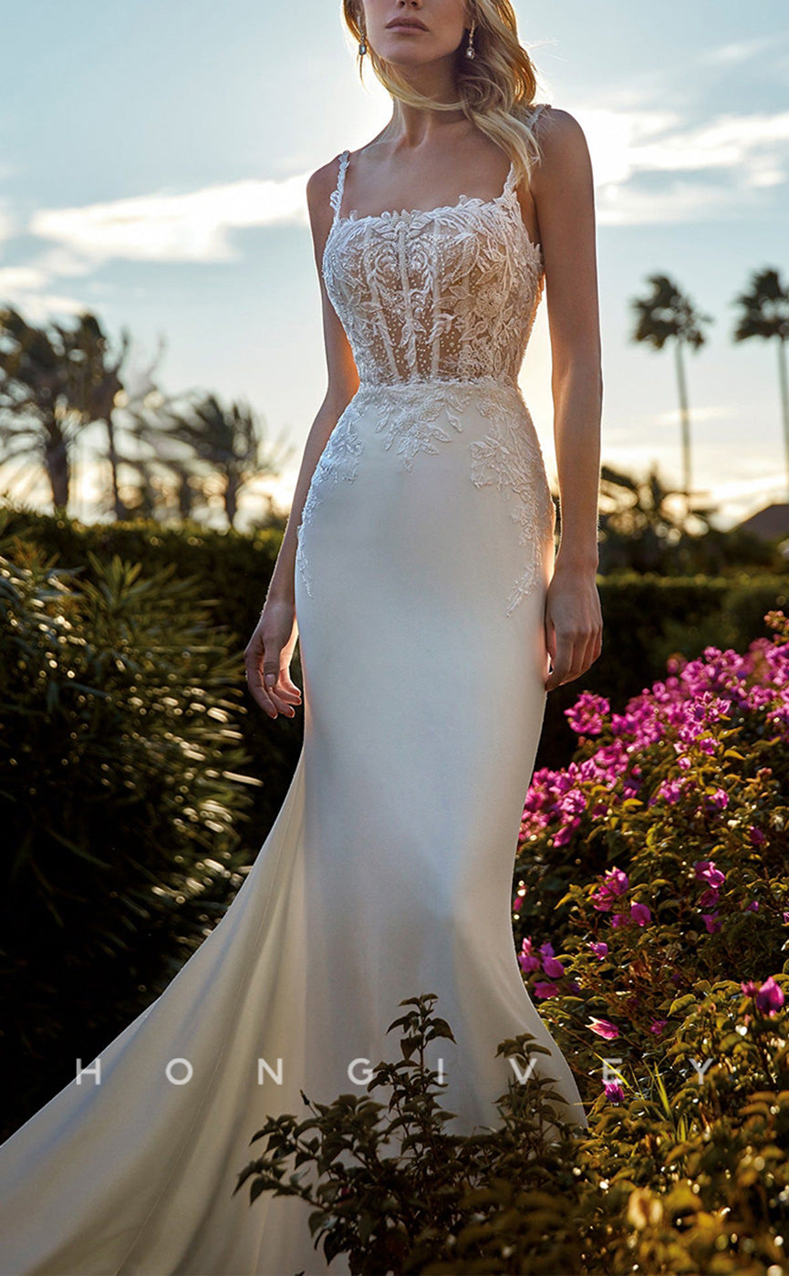 H0908 - Illusion Beaded Floral Lace Mermaid With Train Long Wedding Dress