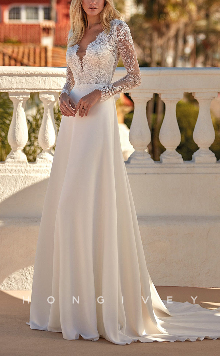 H0910 - Floral Lace Plunging Illusion Long Sleeves With Train Wedding Dress