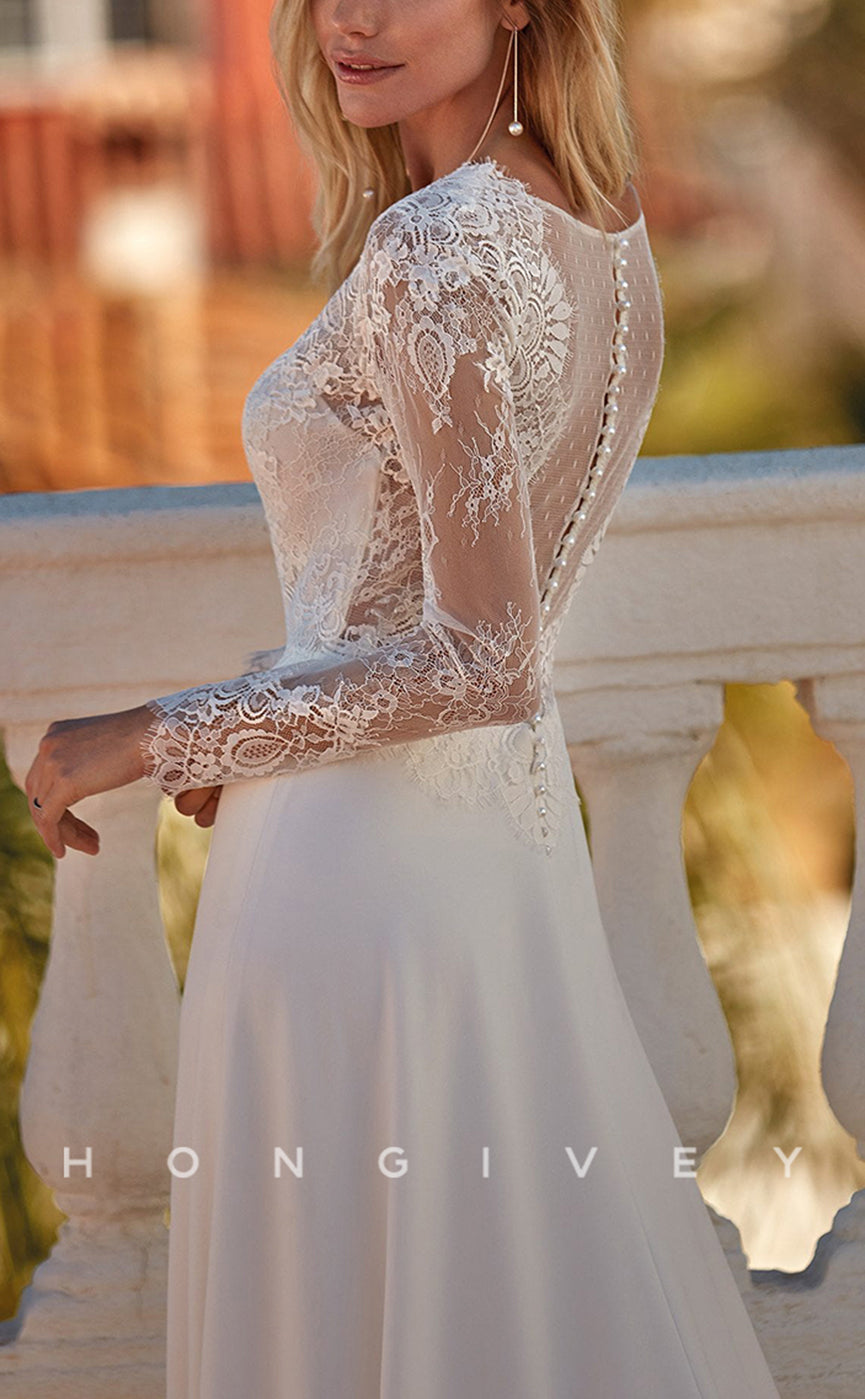 H0910 - Floral Lace Plunging Illusion Long Sleeves With Train Wedding Dress