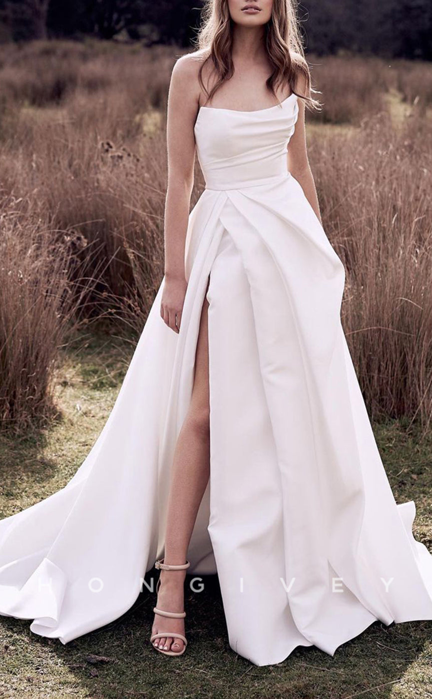 H0915 - Simple Strapless Ruched With Train And Slit Long Wedding Dress