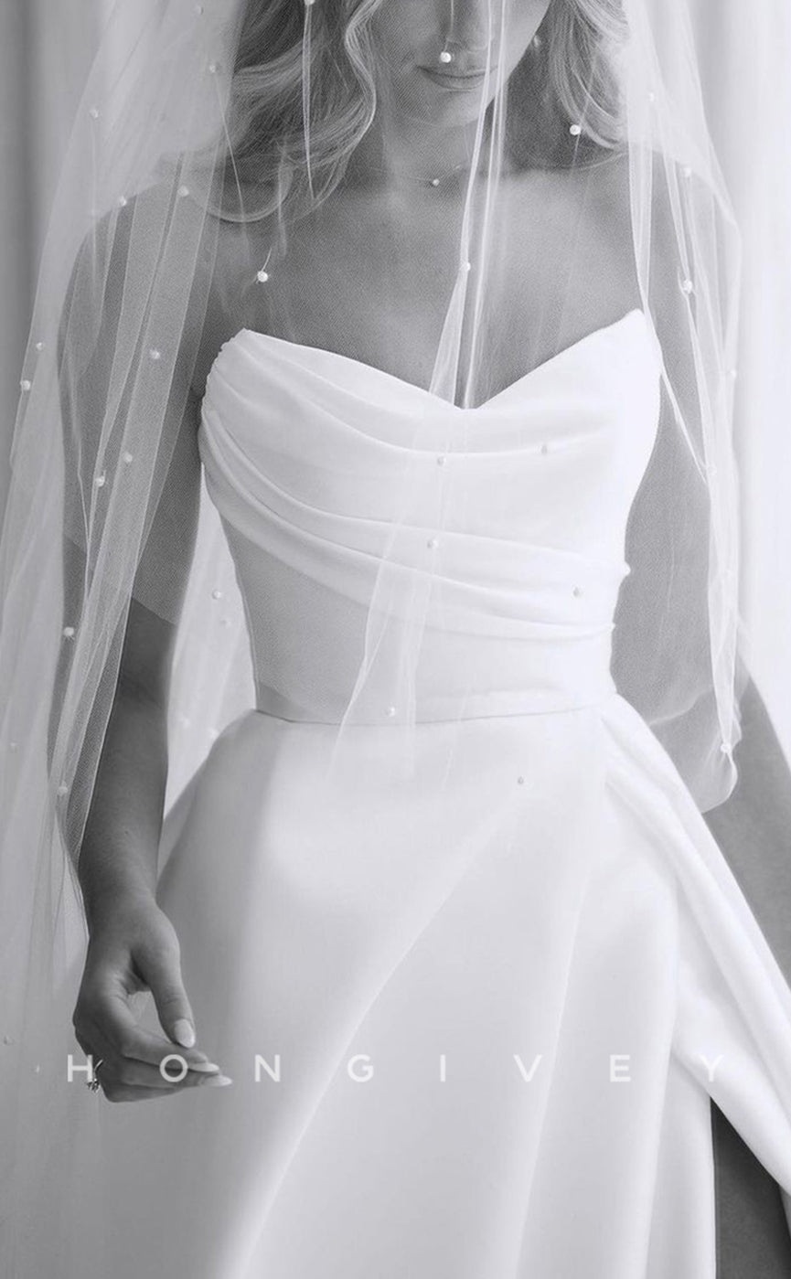 H0915 - Simple Strapless Ruched With Train And Slit Long Wedding Dress