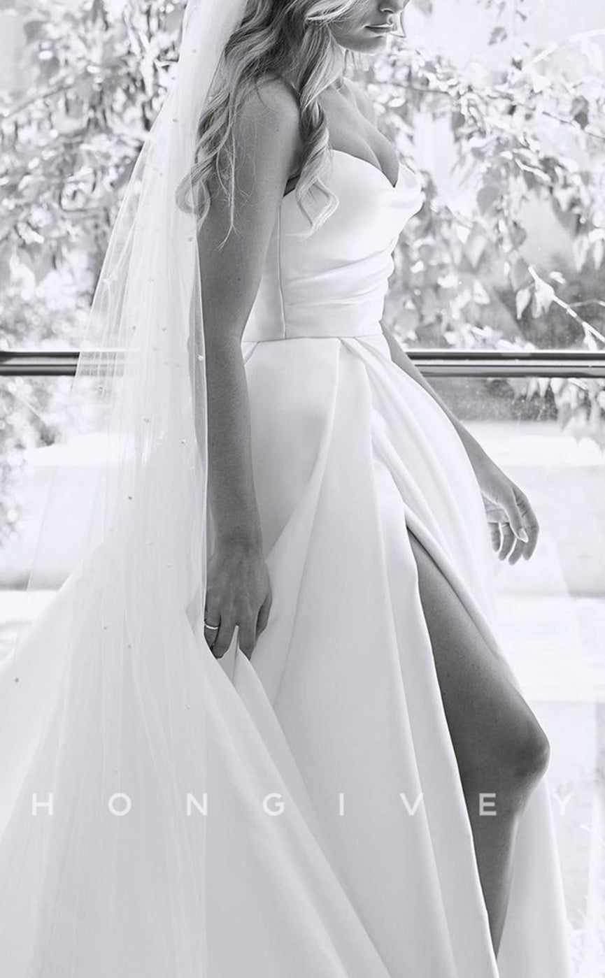 H0915 - Simple Strapless Ruched With Train And Slit Long Wedding Dress